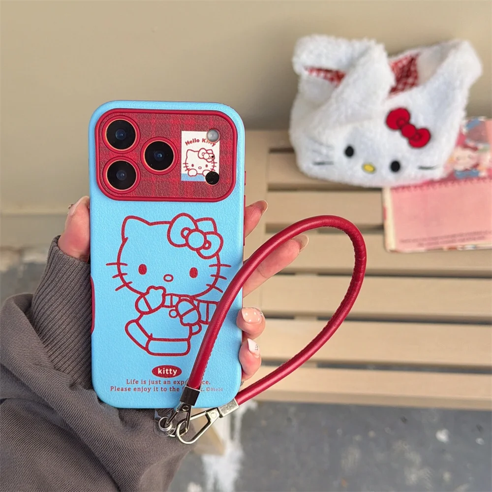 

INS Red Plaid Simple Lines Hellokitty Phone case for iPhone 17 Pro 13 14 15 16 Pro Max Cases With Hand Strap Fundas Cute Cover