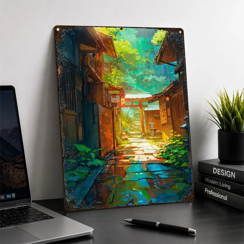 Japanese Alley With Torii Gate Textured Metal Poster Anime Wall Art For Living Room Customized Aluminum Sign Nature Lover Gift