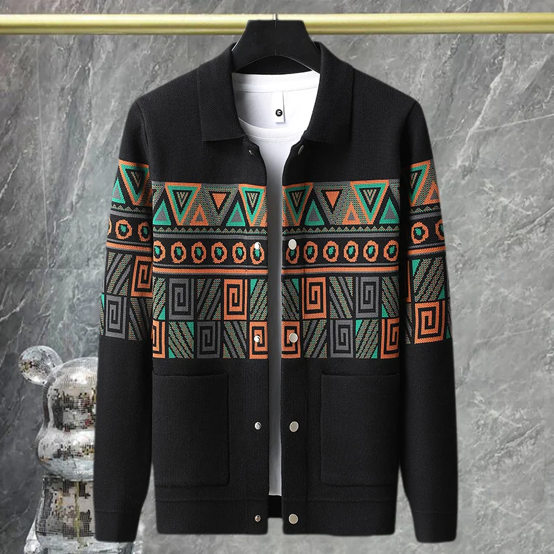 

Korean Autumn New 2024 Lapel Vintage Print Cardigan Men's Sweaters Fashion Cardigan Sweater Sueter Hombre Los Hombres Abrigos