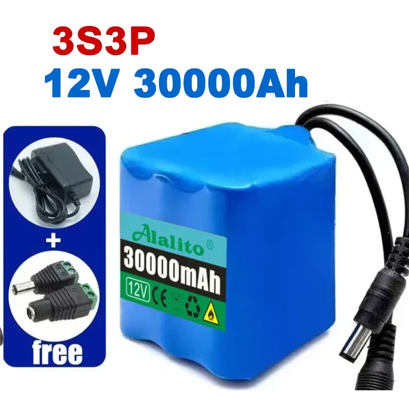 3S3P Portable Super 12V 30000Ah Battery Rechargeable Lithium Ion Battery Pack Capacity DC12.6v CCTV Cam Monitor+Charger