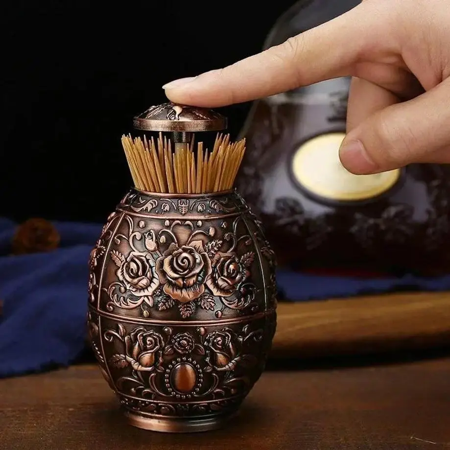 2027 1 Pcs Automatic Toothpick Holder Retro European Metal Stainless Steel Push-to-dispenser Repair Dent Box Kitchen Accessories