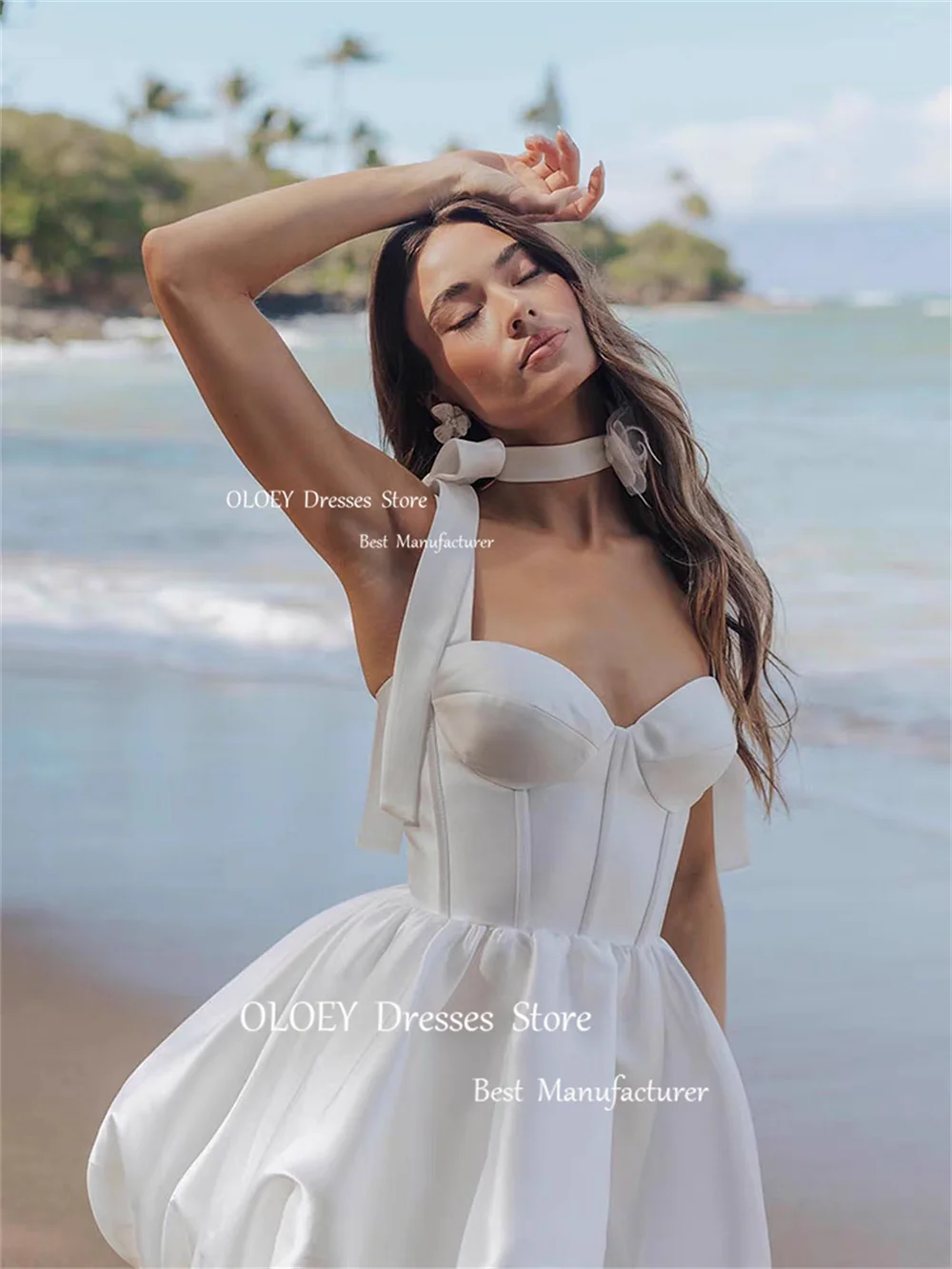 OLOEY Modern Mini Wedding Dresses Photoshoot A-Line Silky Satin Bridal Gown Sweetheart Spahetti Straps Custom White Formal Dress