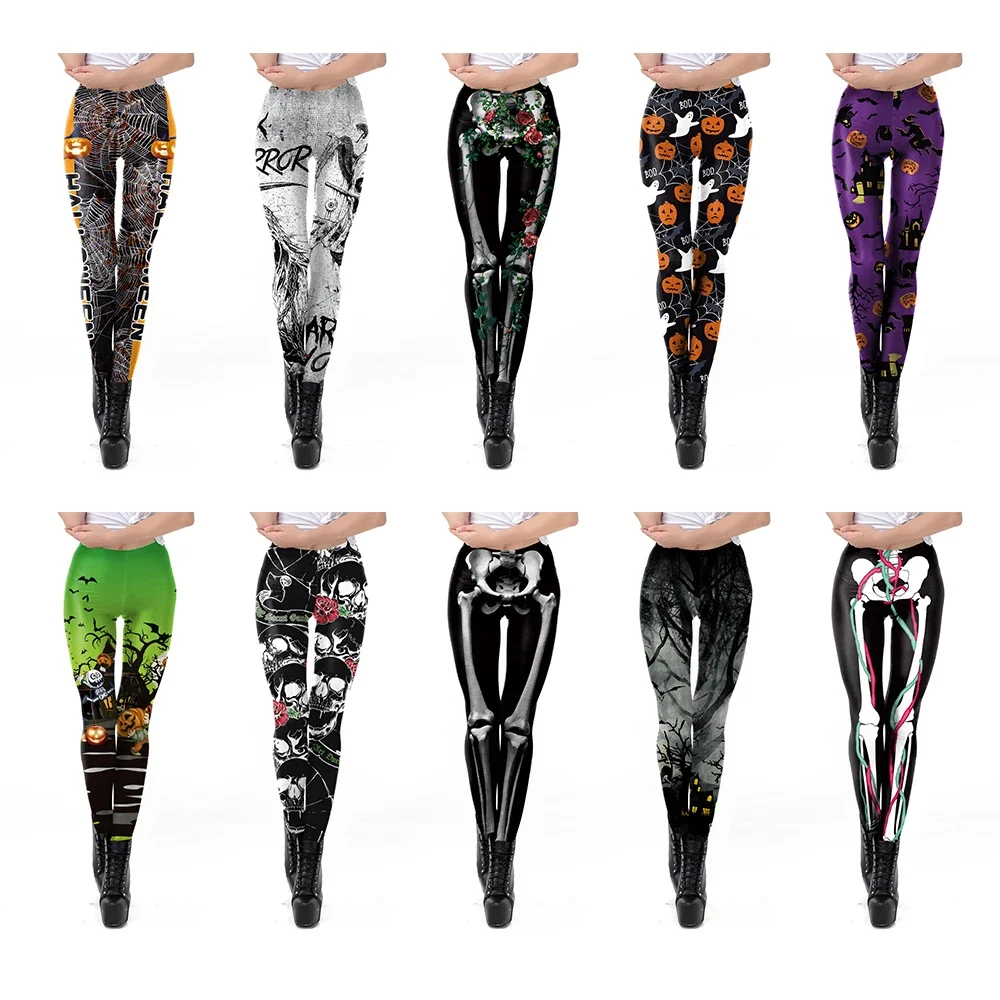 Pantalones elásticos para mujer, calaveras de calabaza, estampado Digital 3D, traje delgado de licra, para fiesta de Halloween