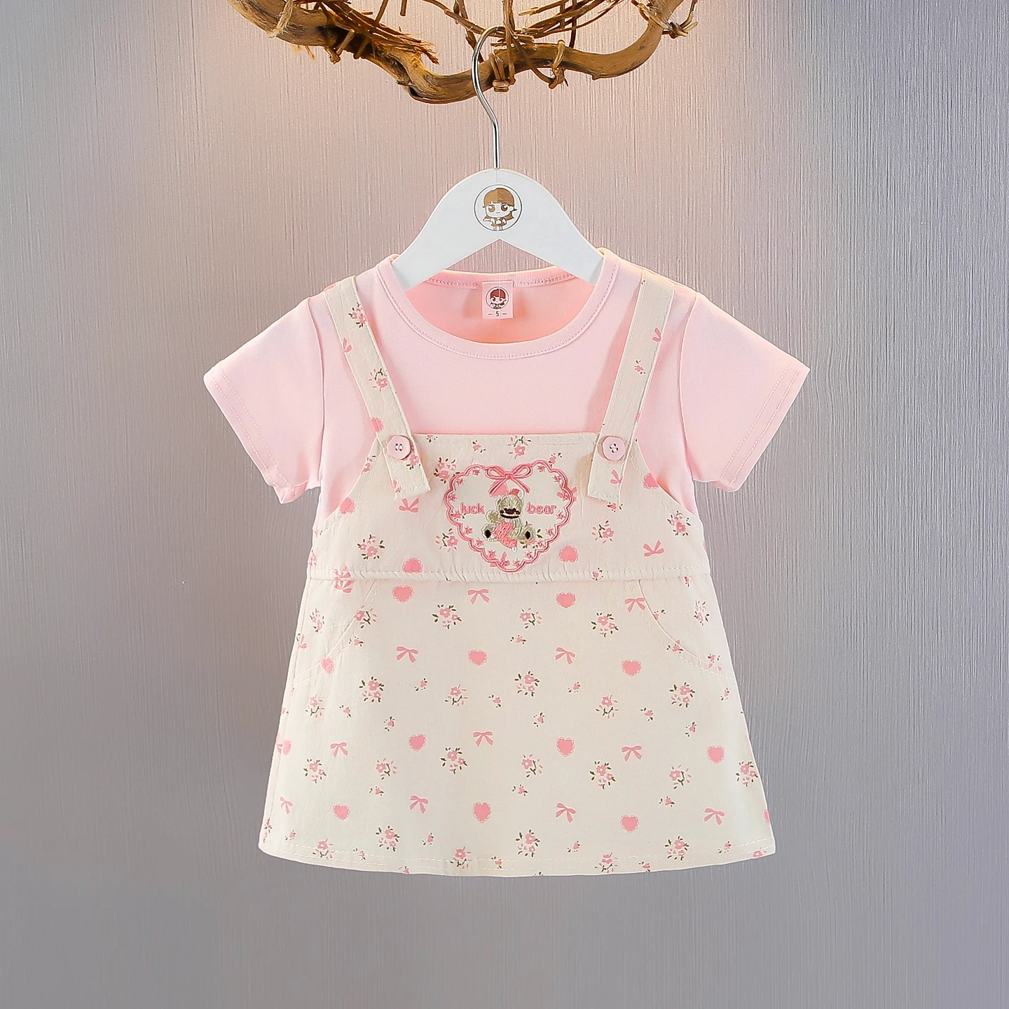 Vestido de Princesa para Meninas com Estampa Floral, Novo Estilo de Verão, Saia A-Line de Algodão, Manga Curta, Decote Redondo