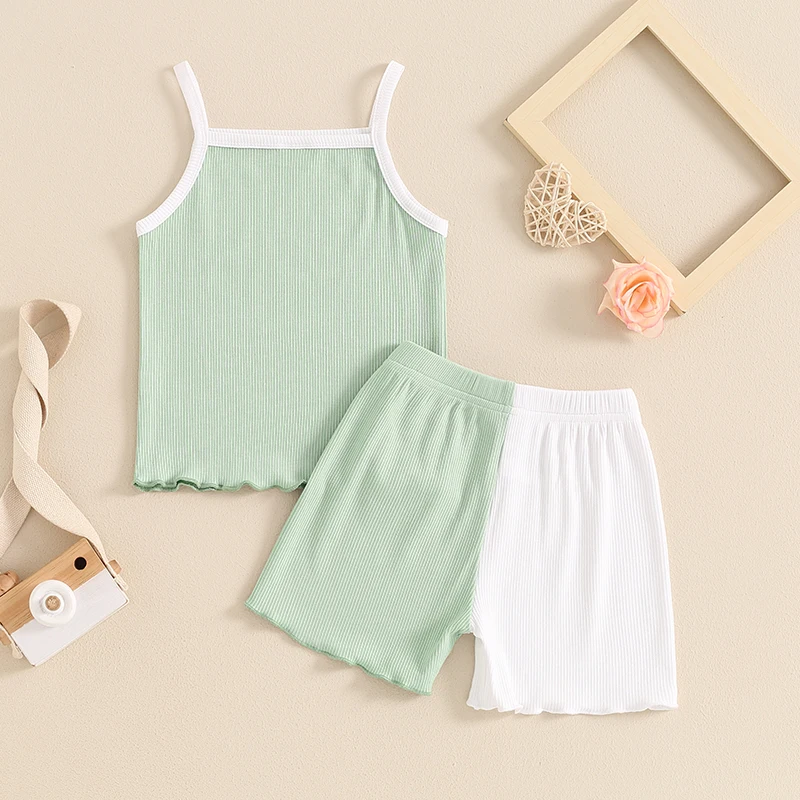 Baby Girl Summer Outfits Sleeveless Cami Tank Tops Contrast Color Shorts Set Toddler 2Pcs Ruffle Clothes