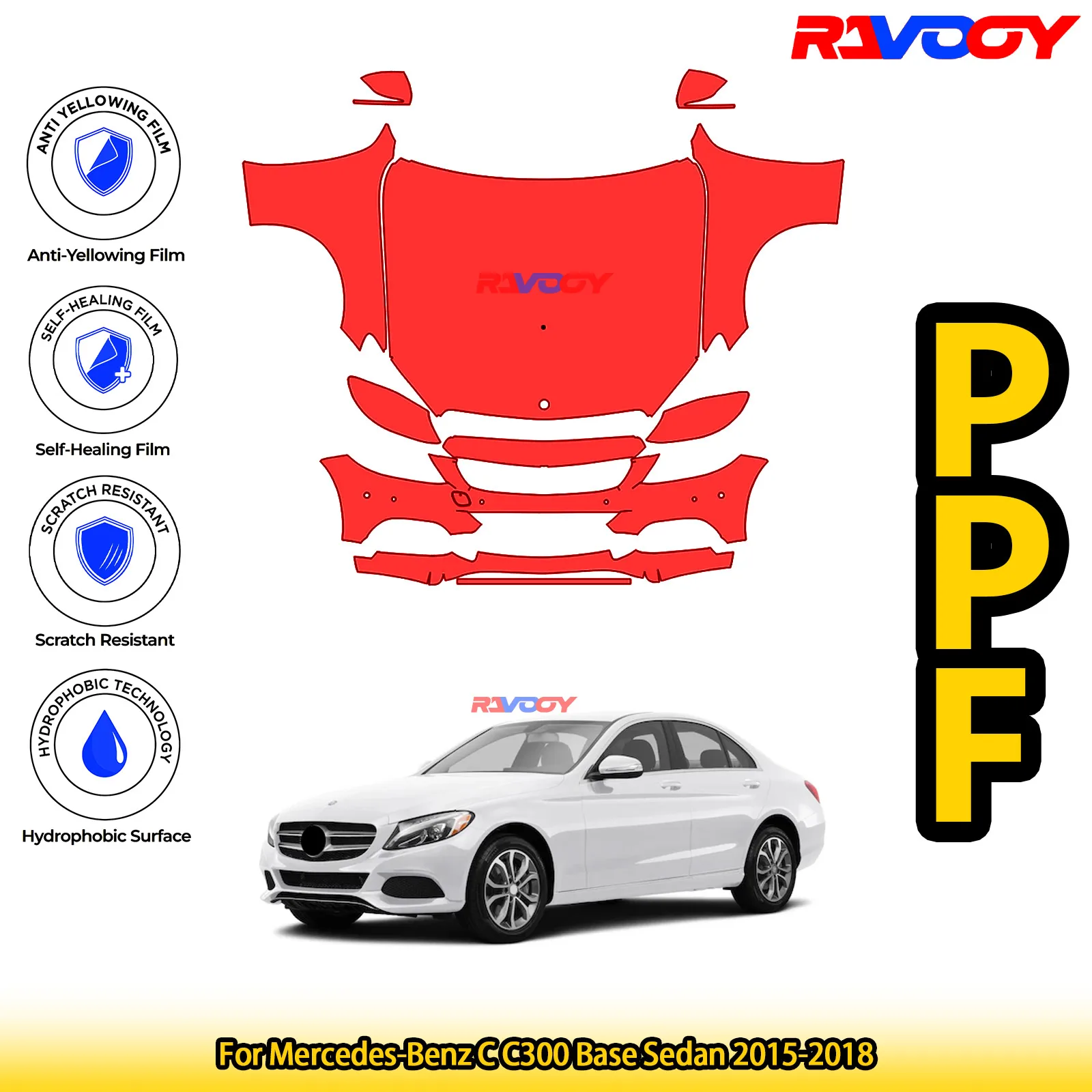 

For Mercedes-Benz C C300 Base Sedan 2015-2018 Glossy Matte Black Precut front PPF Kit Paint Protection Film