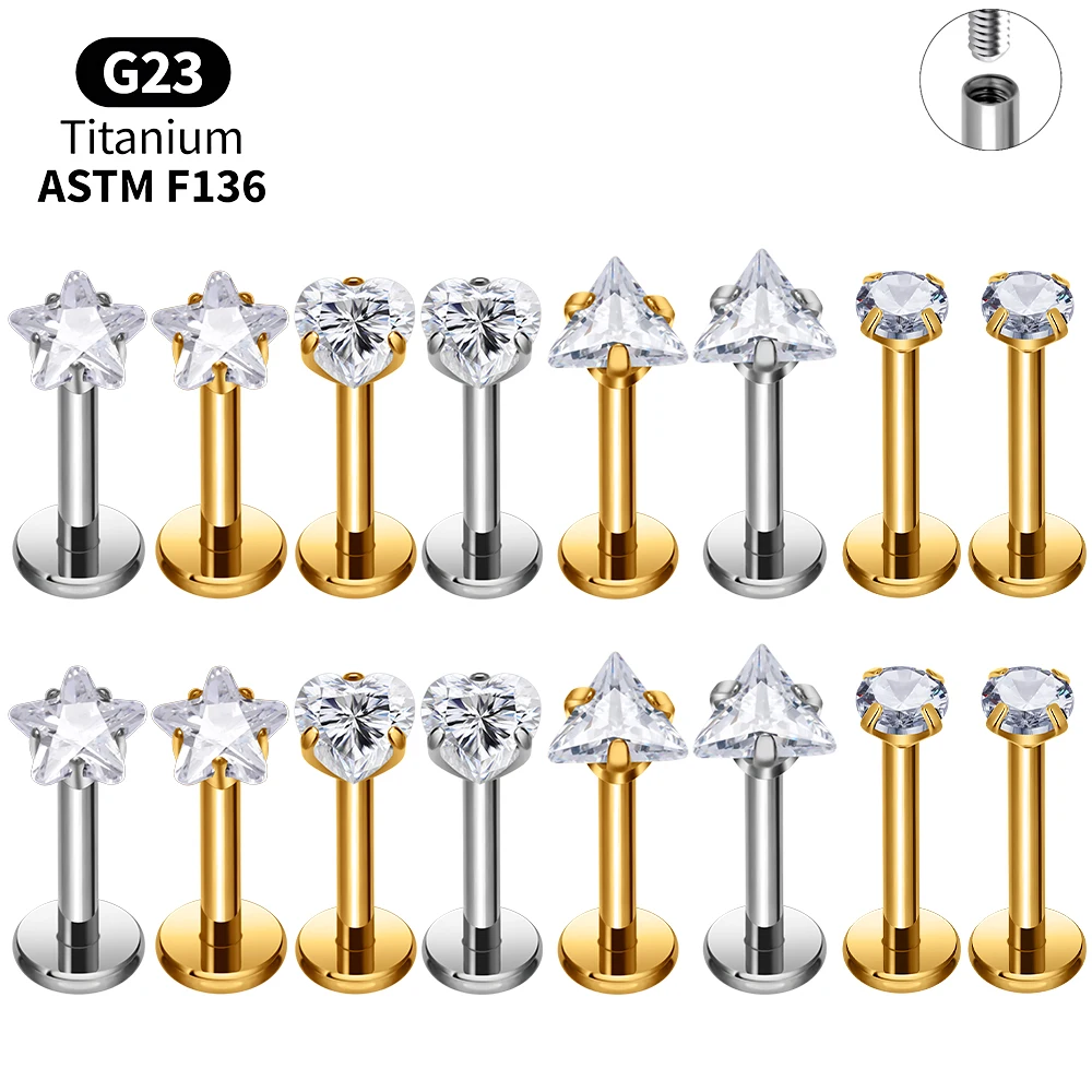 ASTM F136 Titanium Sparkly Star Heart Triangle CZ Labret Stud Internal Thread Medusa Lip Piercing Jewelry Wholesale Lot