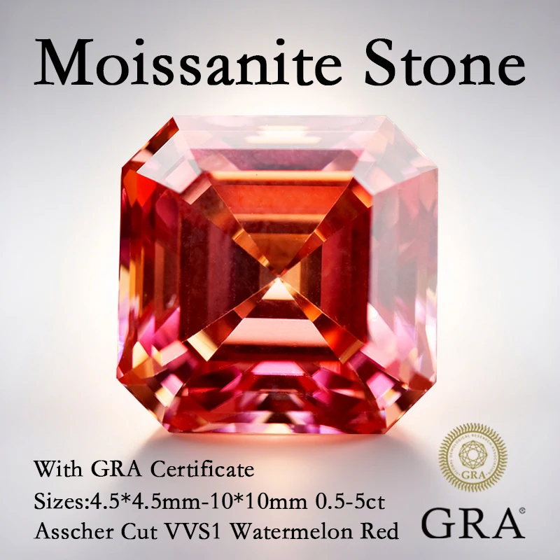 

Moissanite Stone Asscher Cut Watermelon Red Color Pass Diamond Tester Gemstone Beads for DIY Jewelry Making with GRA Certificate
