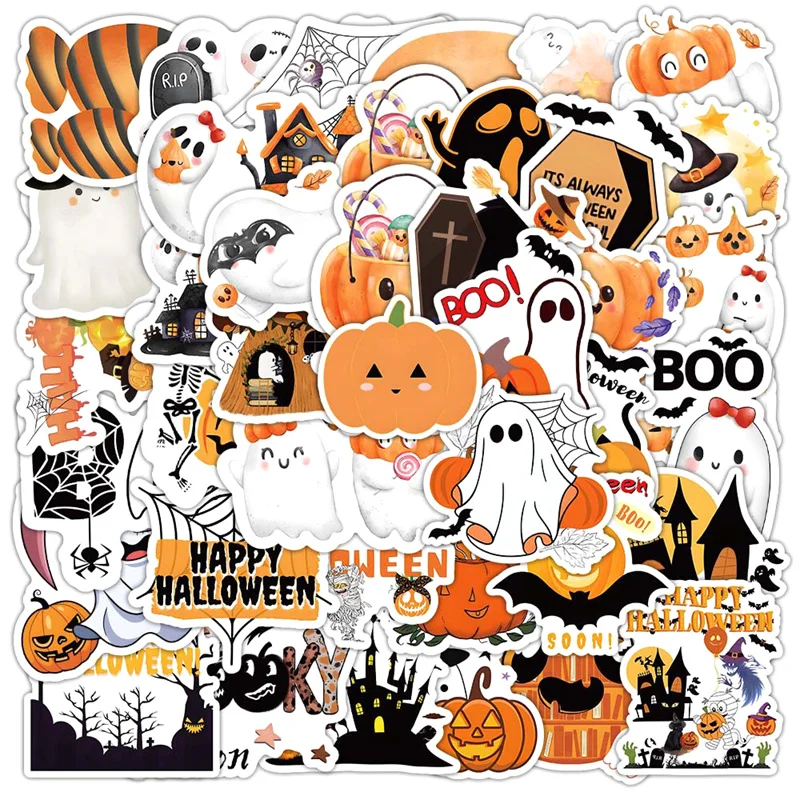 52PCS Self-adhesive Halloween Stickers Cute Waterproof Castle Ghost Pumpkin Decor For Phone Laptop Luggage Guitar