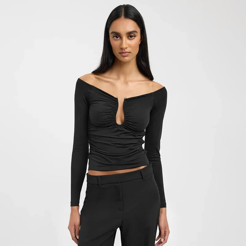 

Весенний новый стиль, асимметричный дизайн, однотонная футболка с длинными рукавами и длинными рукавами на одно плечо, женский топ