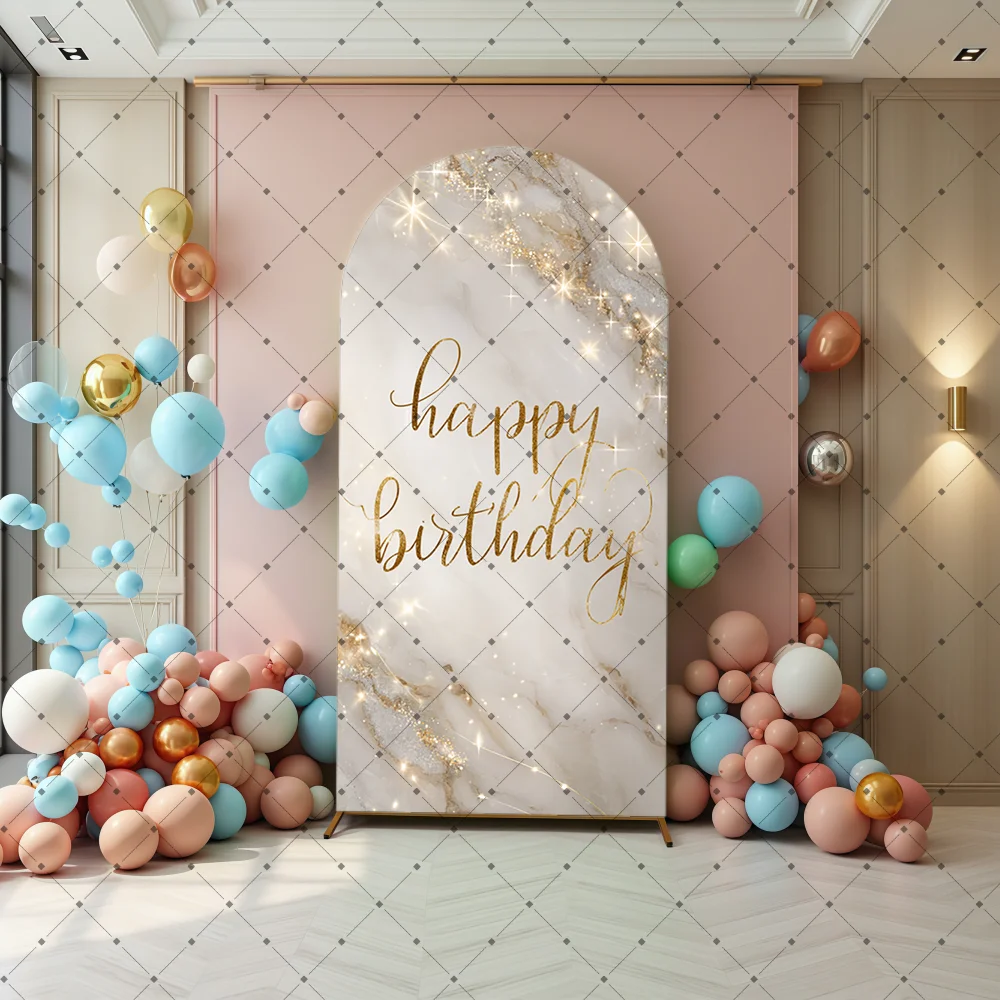 White Gold Marble Texture Happy Birthday Arch Backdrop Cover Luxury Minimalist Theme Party Decor Photo Booth Background Supplies