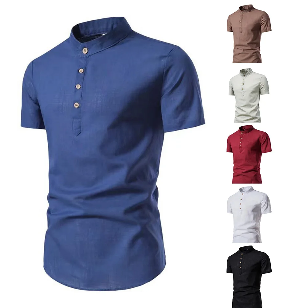 

2025 Summer New Fashion American Men's Solid Color Casual Trendy Slim Stand Collar Short Sleeve Cotton Linen Pullover Shirts Top