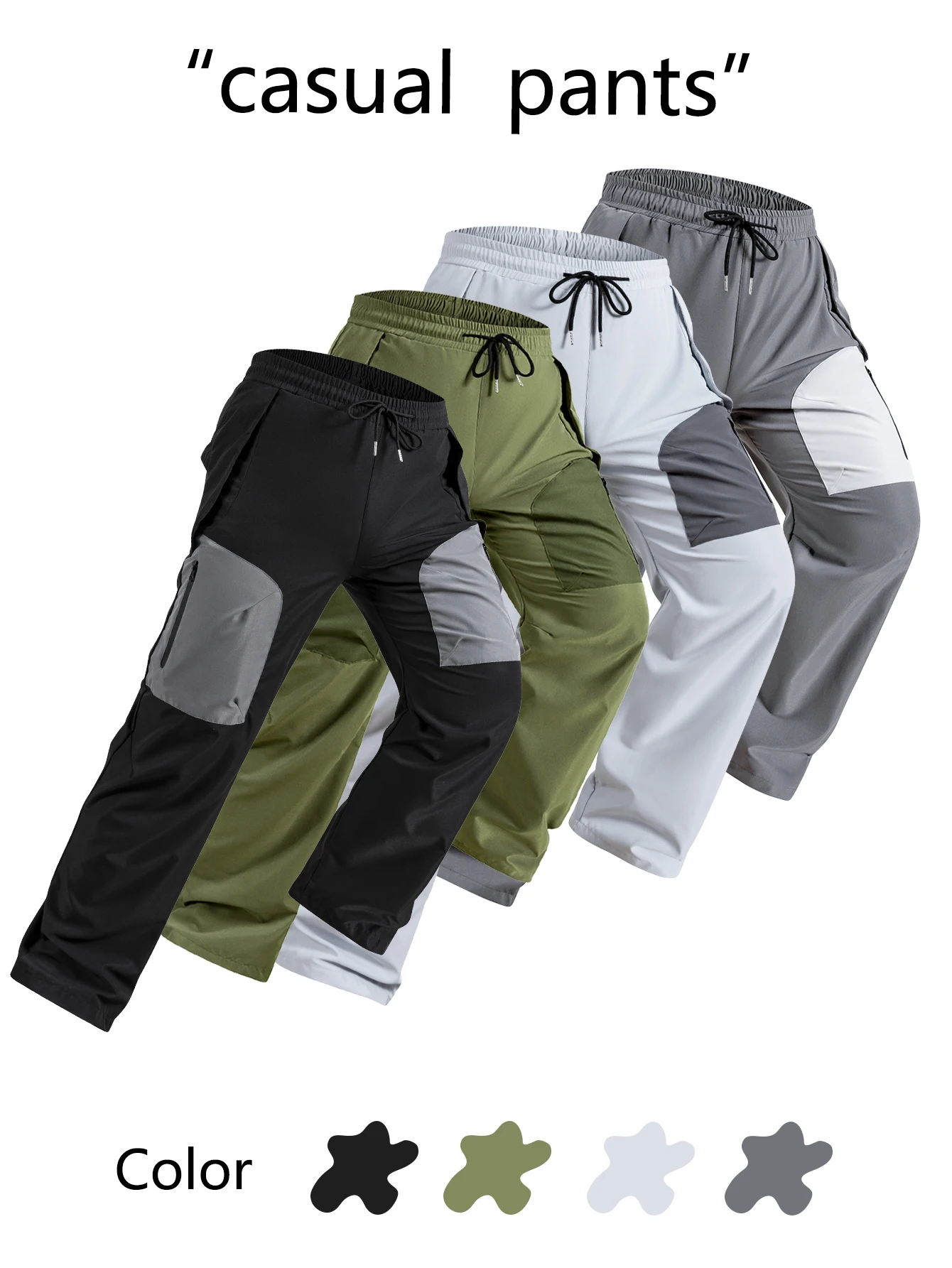 

Men's Personality Workwear Trousers Color Block Outdoor Sports Long Pants with Pockets And Drawstring for All Seasons