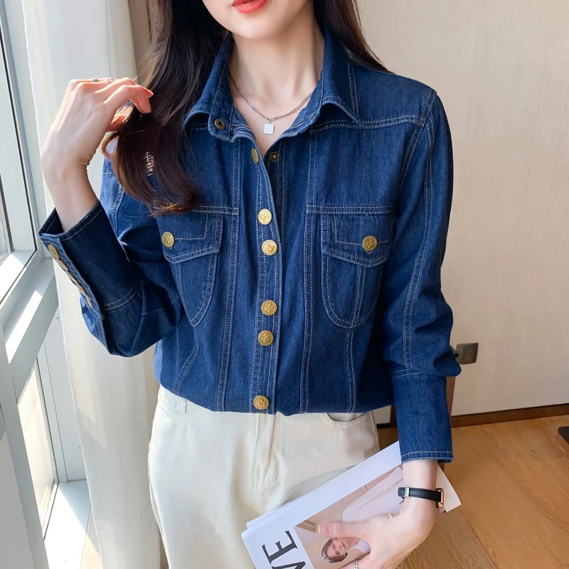 #3113 Autumn Winter Blue Outerwear Denim Shirt Women Single Breasted Womens Tops And Blouses Regular Fit Jeans Shirt Ladies