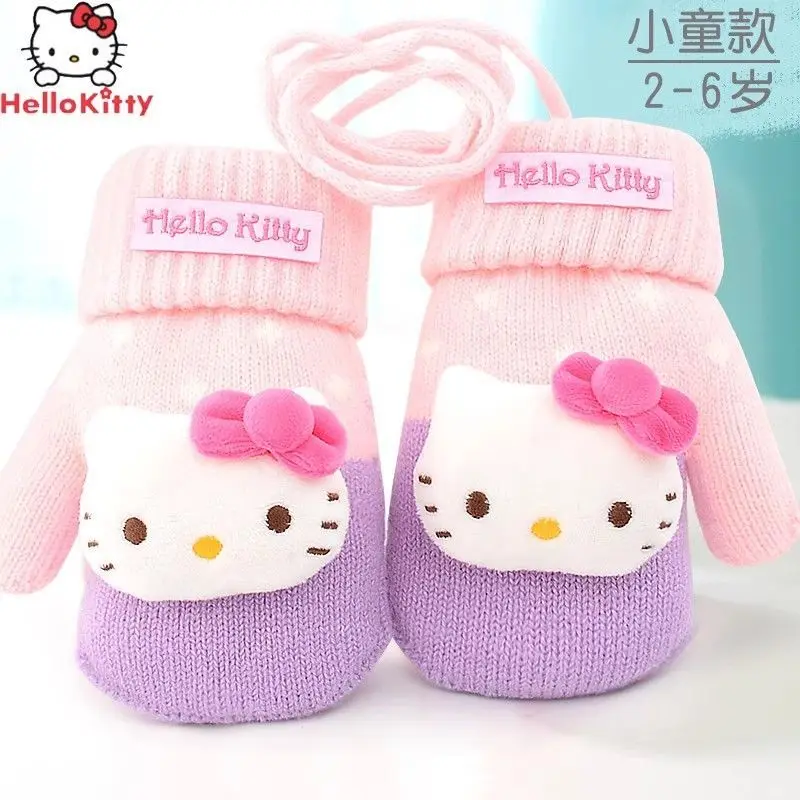 Hello Kitty children's winter gloves for boys and girls Kuromi My melody cute plus velvet thickened pointer knitted warm gloves