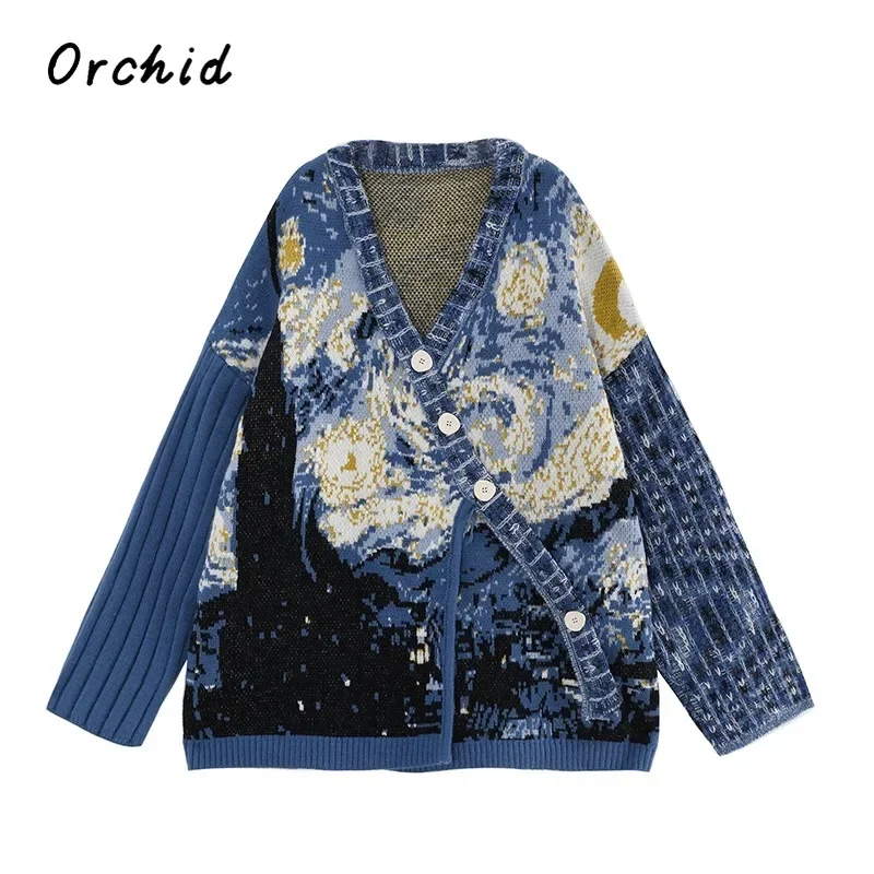 2023 Autumn Winter Fashion Vintage V-neck Van Gogh Starry Sky Hand-painted Pattern Sweater Women Loose Warm Chic Knitted Top