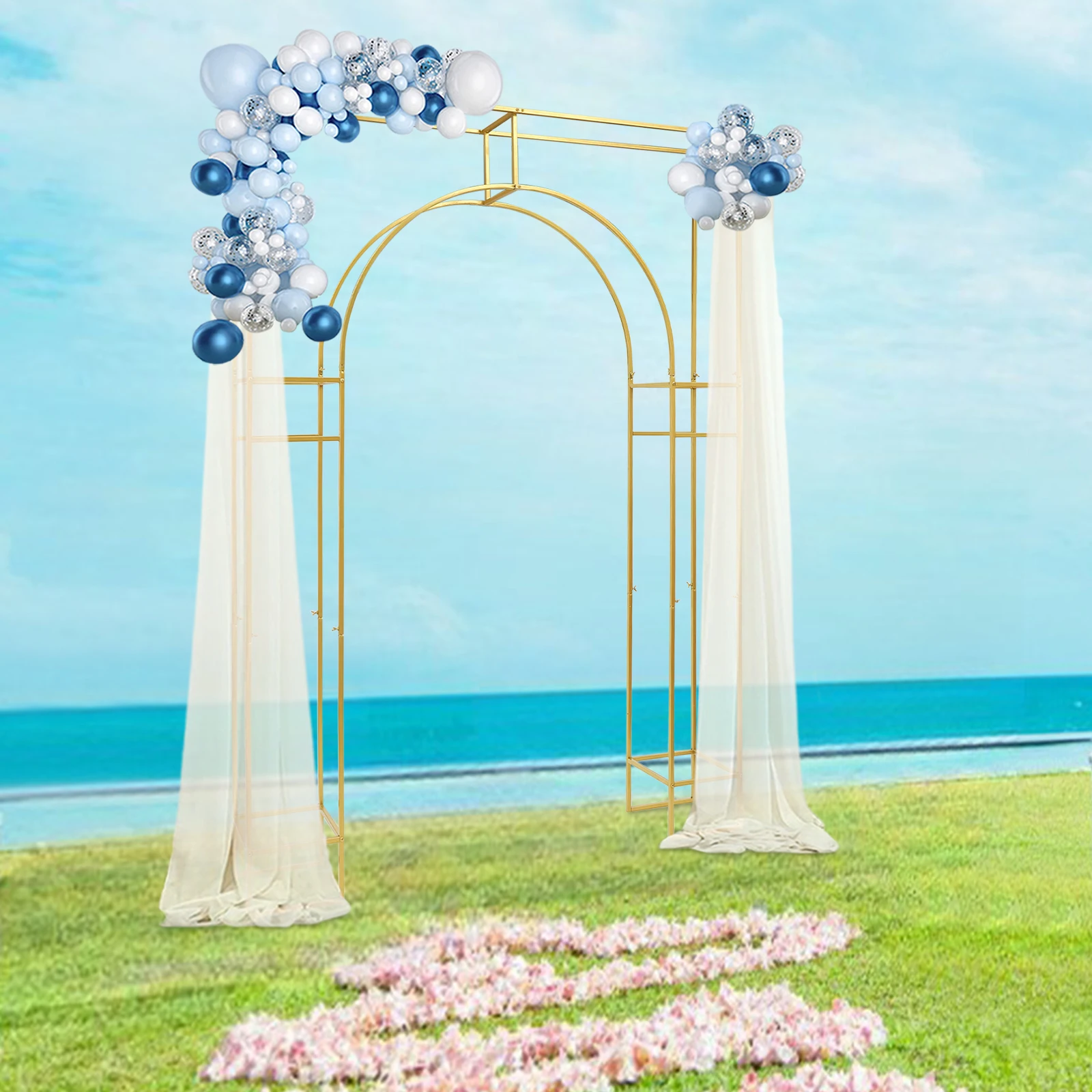 Stojak na łuk ślubny 2,4 m, złoty, metalowy, ze stali węglowej, wytrzymały, do samodzielnego montażu, obciążenie 20 kg, na imprezy świąteczne/komercyjne