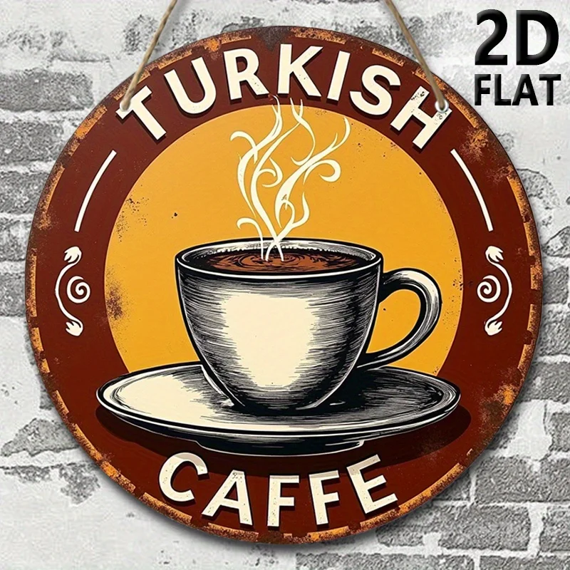 2D Flat, Vintage Turkish Coffee Wall Art - 7.87 Inch Round Recycled Wood Sign with Steaming Cup Design, Rustic Farmhouse Decor f