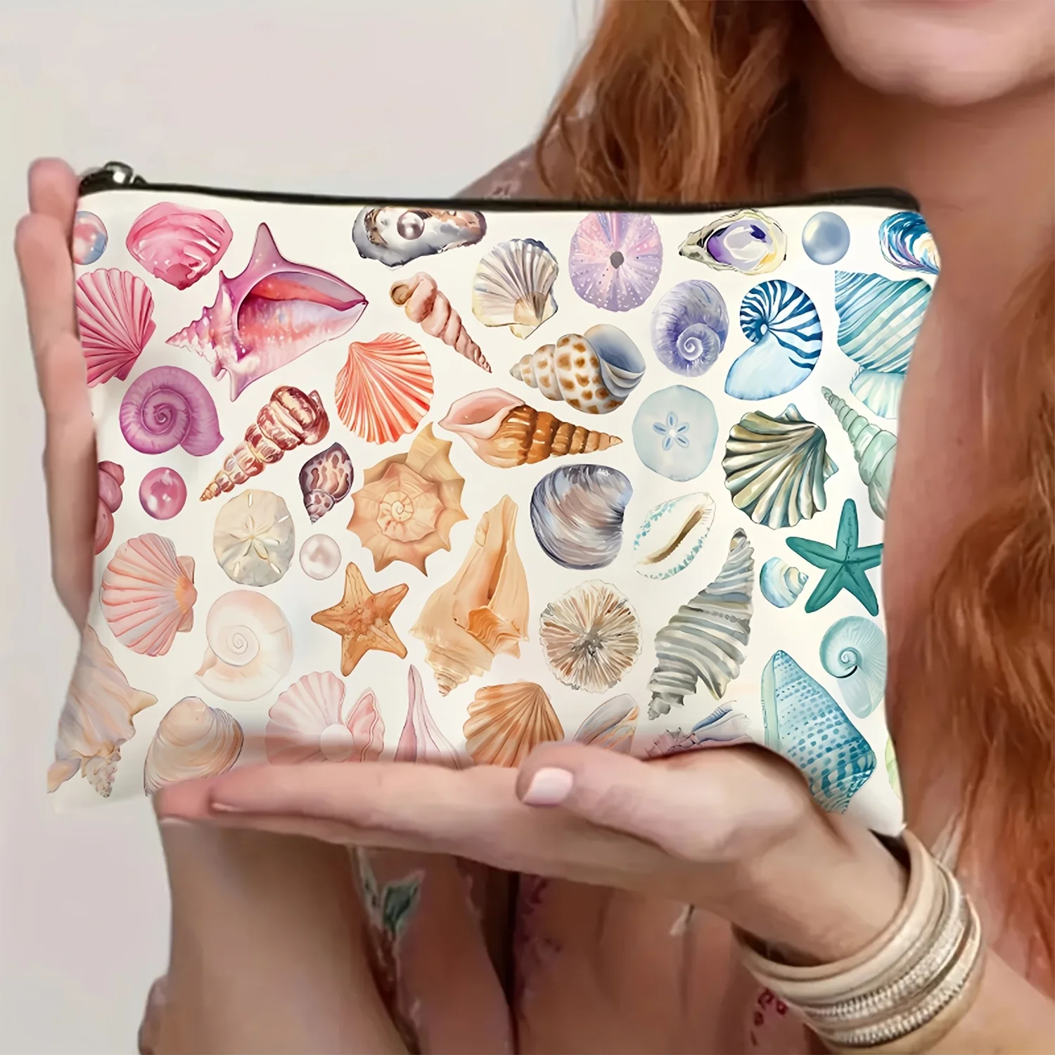 1개 다채로운 바다 조개껍데기 & 불가사리 여행용 메이크업 가방 – 여성을 위한 가볍고 접이식이며 재미있는 해변 테마 선물