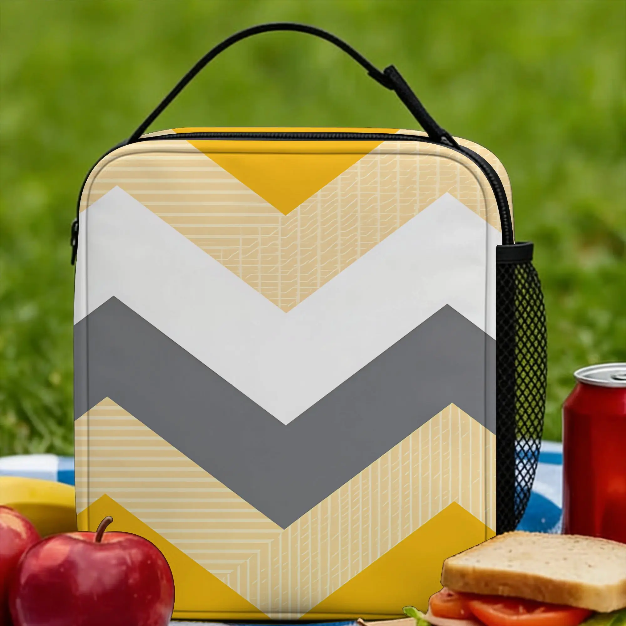 

Yellow Grey Geometric Lunch Bag For Women Print Lunch Box Retro Travel Cooler Bag Convenient Oxford Thermal Tote Handbags