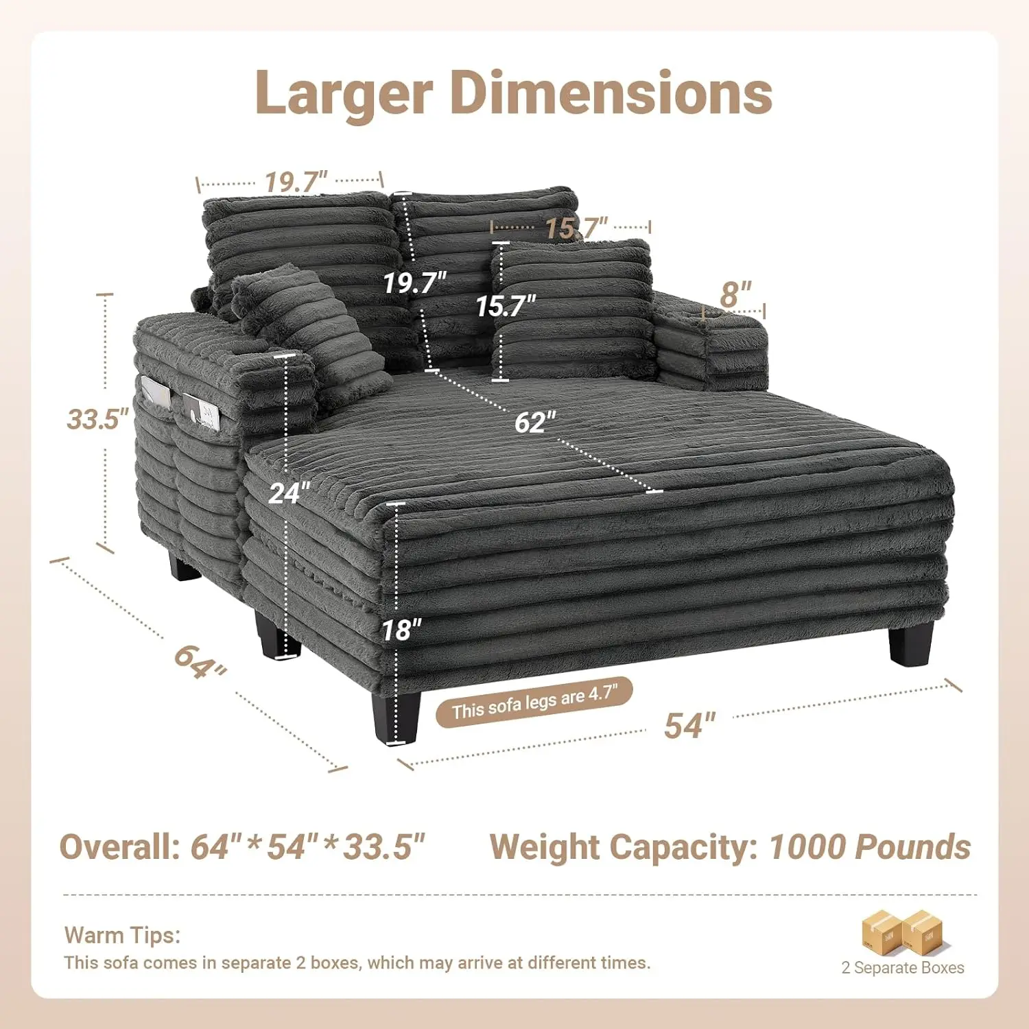 Chaise Lounge de 64 pulgadas para interiores, sillón de gran tamaño con estructura de madera, sofá cama tapizado para sala de estar, sala de películas