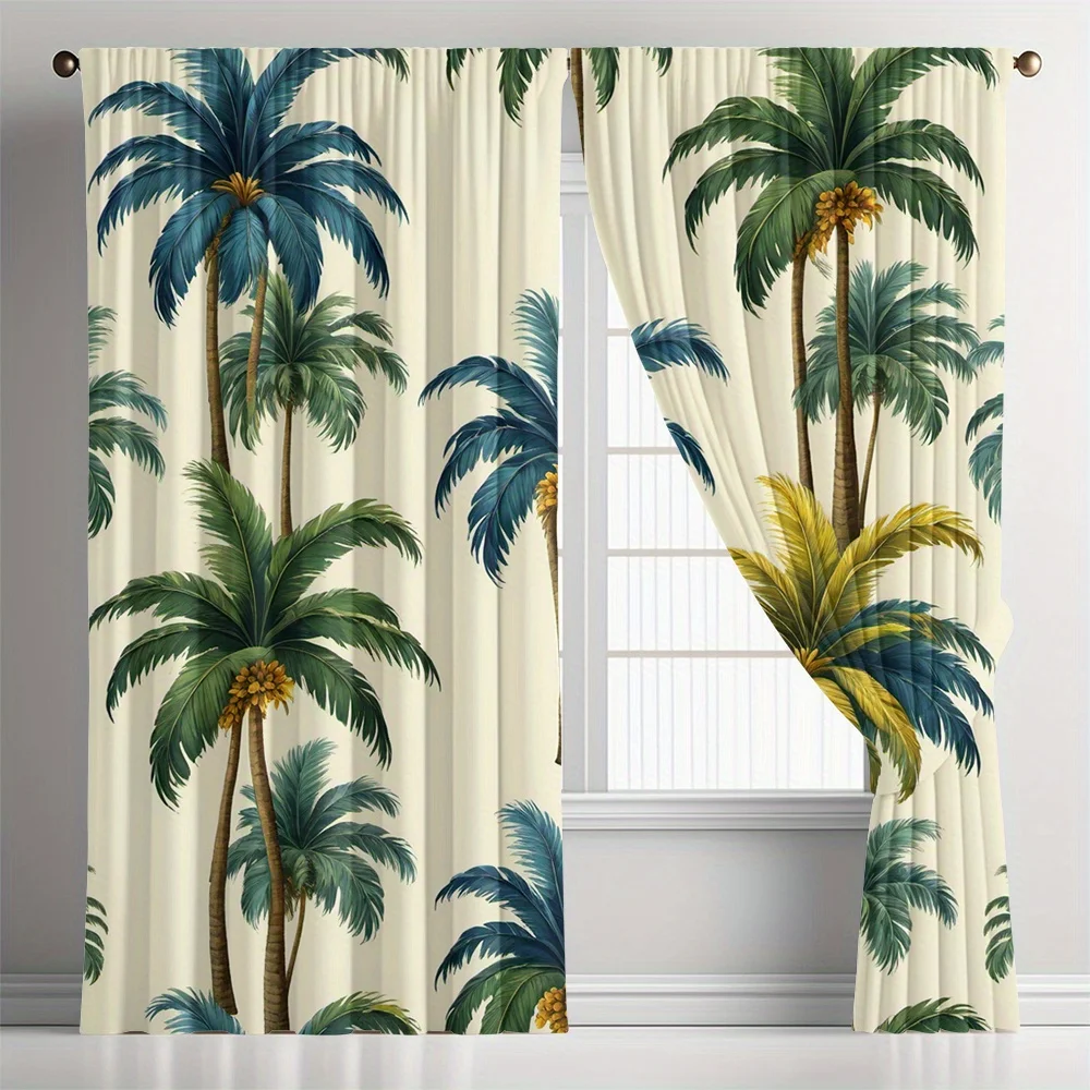 2pcs Tropical Palm Leaf Curtains Jungle Botanical Print Window Curtains Modern Resort Style Patio Drapes