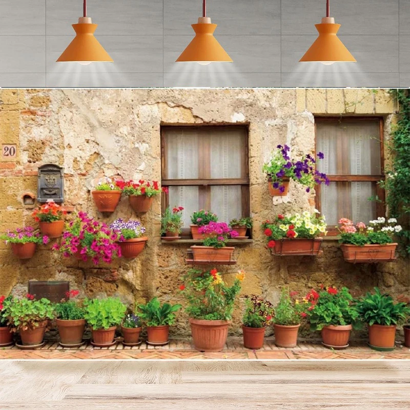 Photography Backdrops Italian Pastoral Town Window Streets Potted Plants Flowers Background Party Backdrop Wall Banner Decor