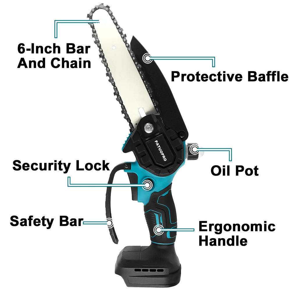 Imagem -04 - Patuopro Cordless Mini Serra Elétrica sem Escova Handheld Poda Jardim Logging Chainsaw Makita 18v Bateria 1200rpm 6