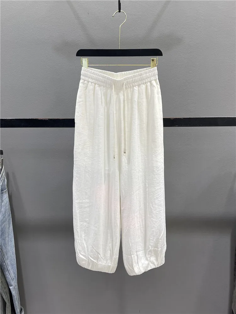 

Casual Drawstring Waist Wide Leg Pants Women's Lightweight Loose Fit Summer Cotton Polyester Blend Straight Tube Lantern Pants