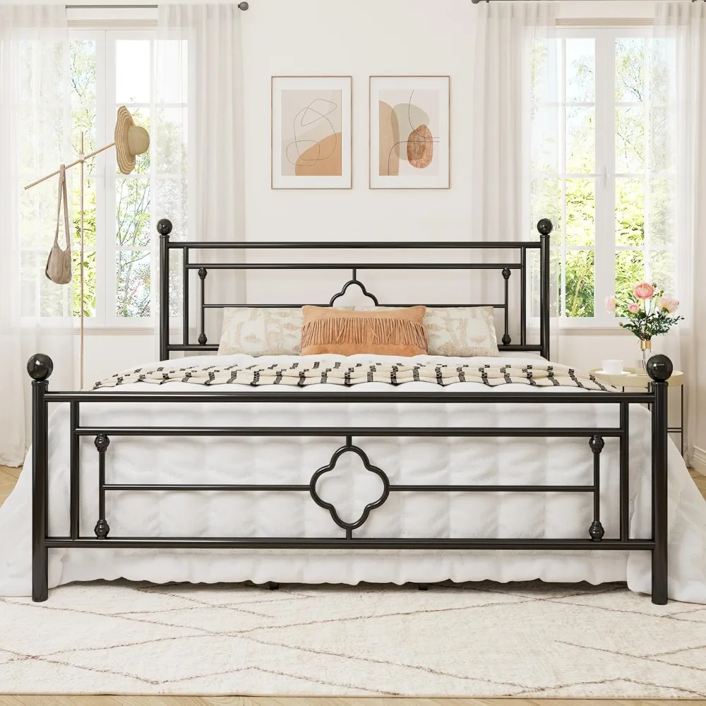 King Size Metal Platform Bed Frame with Victorian Vintage Headboard and Footboard/Mattress Foundation/Under Bed Storage/No Box