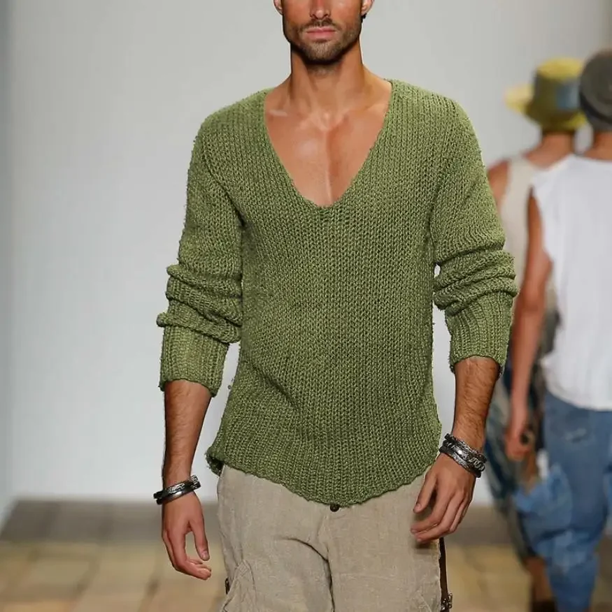 Suéter de punto liso con cuello en V para hombre, Jersey informal de manga larga, Tops Harajuku, ropa de calle, moda de otoño e invierno, 2023