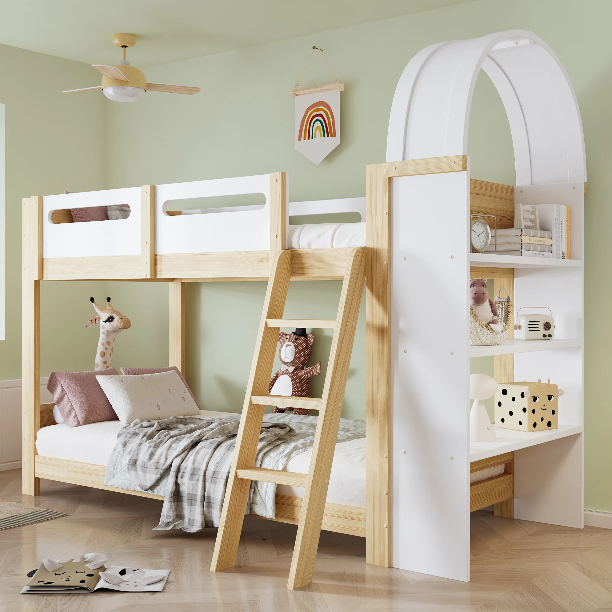 Kinder-Etagenbett mit 3-stufigem Regal, 3-stufiger Leiter und Sicherheitsgitter – stabile Lattenrostkonstruktion, geeignet für Kinderzimmer (ohne Matratze). – Detail 1