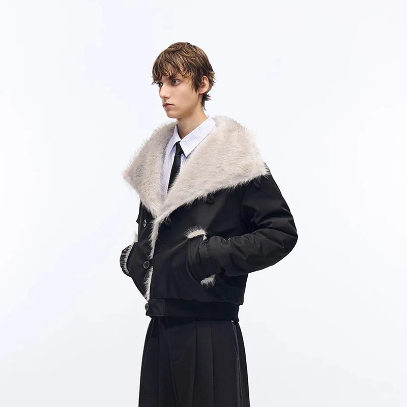 WTHT Trendy Men's Spliced Thicken Loose Design Coats Fashion 2025 Autumn Long Sleeves Turn Down Collar Jackets Male 2A2383