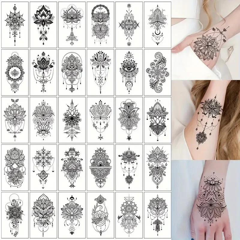 30pcs/lot Sexy Black Lotus Temporary Tattoos for Women Wedding Brides Tribal Jewelry Pendant Lace Fake Tatoo Arm Neck Hands Body