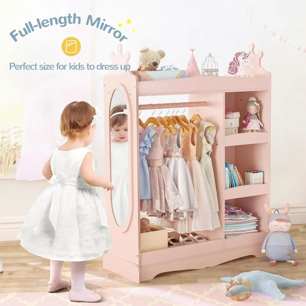 New Dress Up Storage with Mirror, Kids Wardrobe with 3 Hooks, Kids Closet