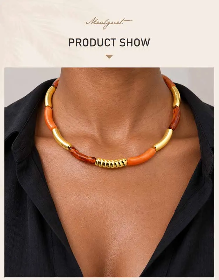 Chunky Harz-Perlenkette für Damen, 18K vergoldete Edelstahl-Röhrenperlen Statement Choker Halskette Vintage Schmuck Geschenk – Detail 1