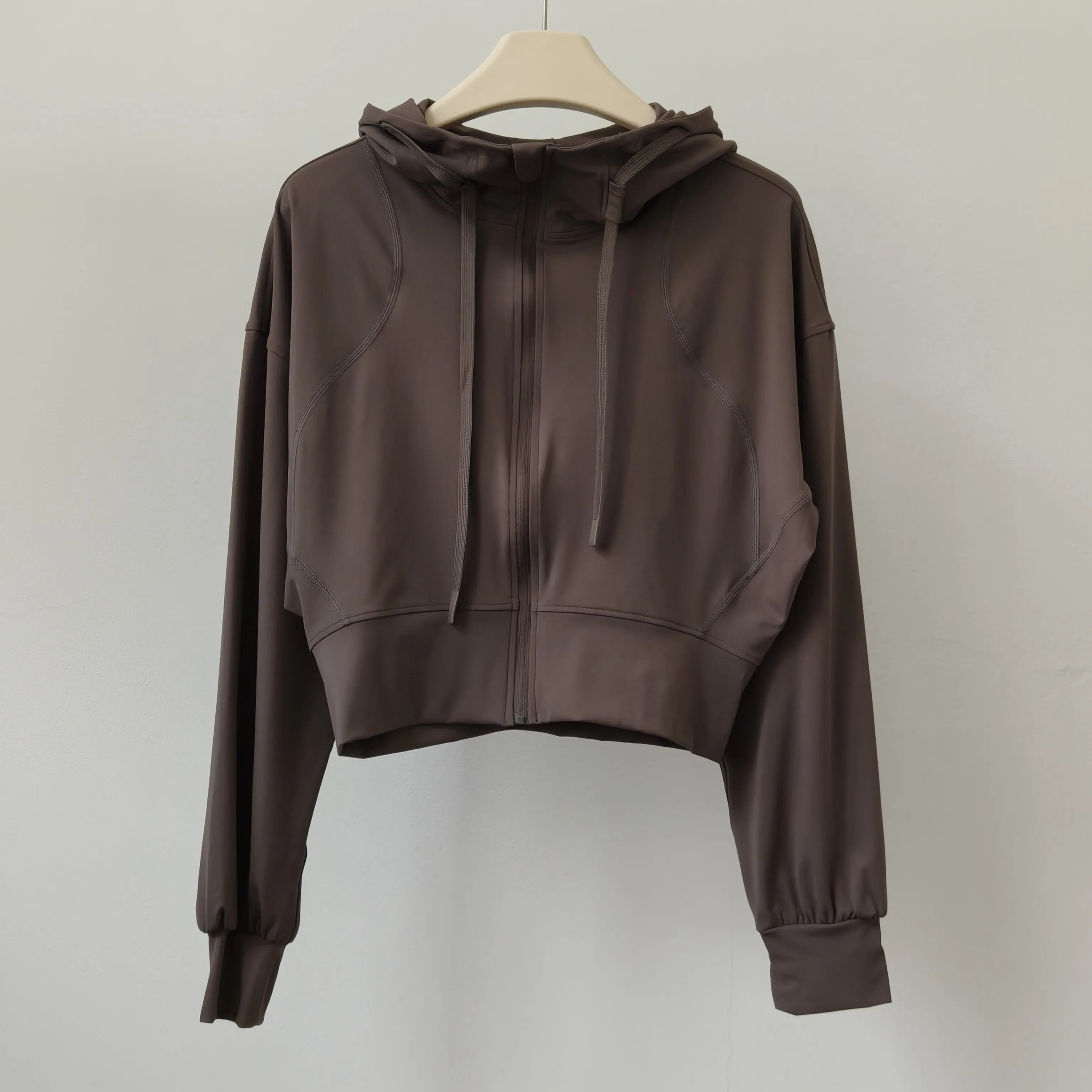 Damen Slim Fit Langarm Yoga-Oberteil Pilates-Trainingskleidung Kapuzen-Freizeitjacke Kurze Sportjacke Lockerer Mantel Shirt – Detail 8