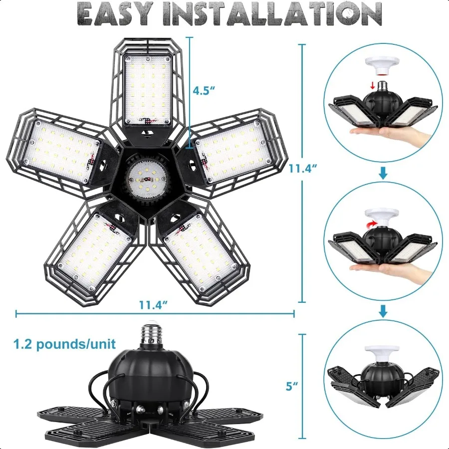 LED Garage Lights 2 PackCeiling LED Shop Light 160W 16000LM 6500K Screw in Led Light with 5+1 Deformable Panels Bright Led Ligh