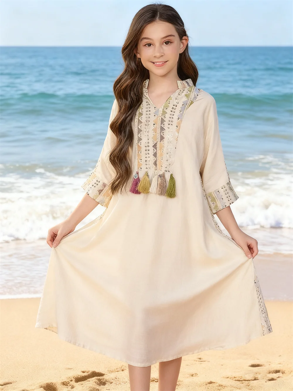 

Мусульманское платье Ид Джеллаба для девочек, праздничное платье с вышивкой, детский халат Джалабия с кисточками, марокканский кафтан, Рамадан, исламская одежда, Vestidos