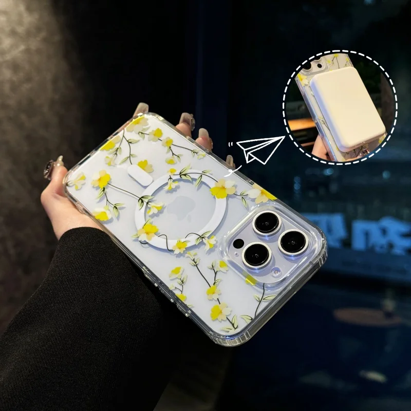 مناسبة لهاتف آيفون 16 برو ماكس حافظة هاتف مغناطيسية 13/14 15 برو ماكس تصميم زهور أزرق وأصفر غطاء منعش وزهور