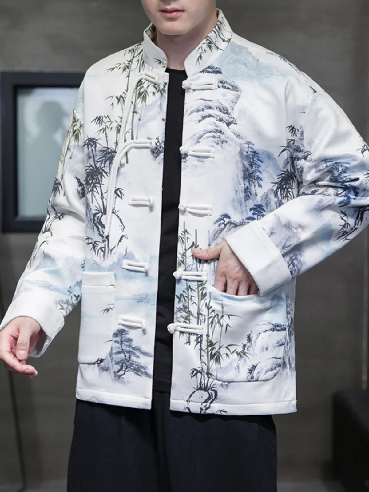 

New Chinese Sle Men's Suede Jaet Spring Autumn Wind Mountain Water Print Retro Button Zen Clothes Outerwear Long Sve