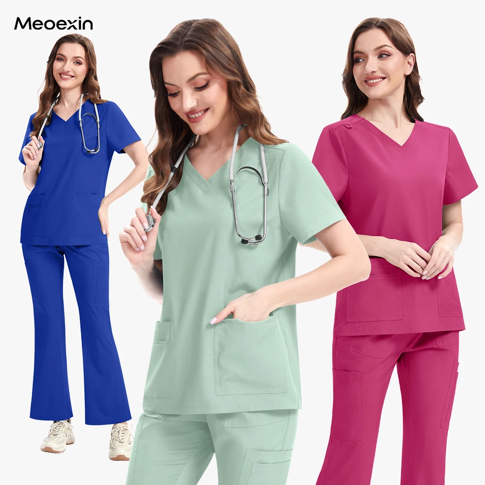 看護師服スクラブ制服女性速乾トップとパンツ病院作業スクラブファッションフレアパンツボトムス制服セット新