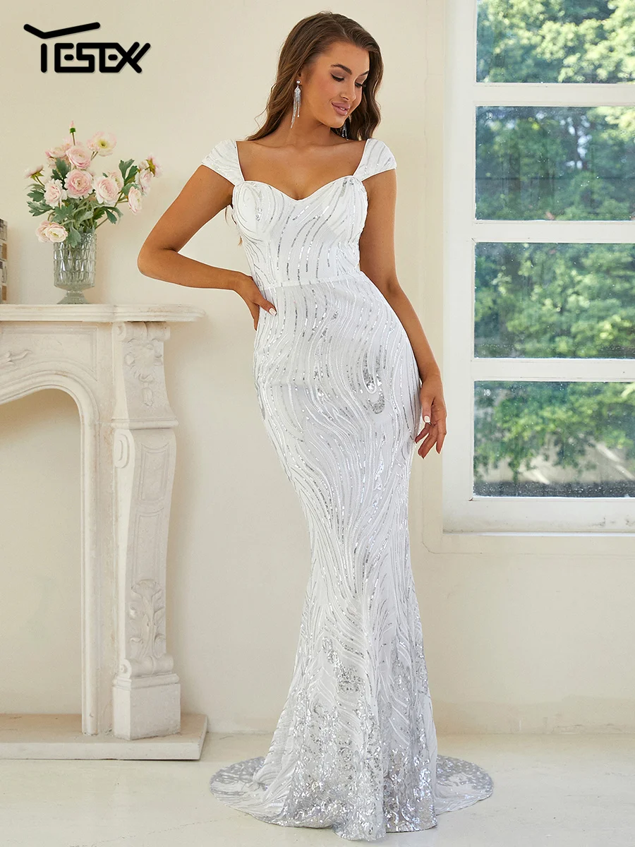 

Yesexy Sequin Maxi Mermaid Evening Prom Bride Wedding White Formal Occasion Dresses