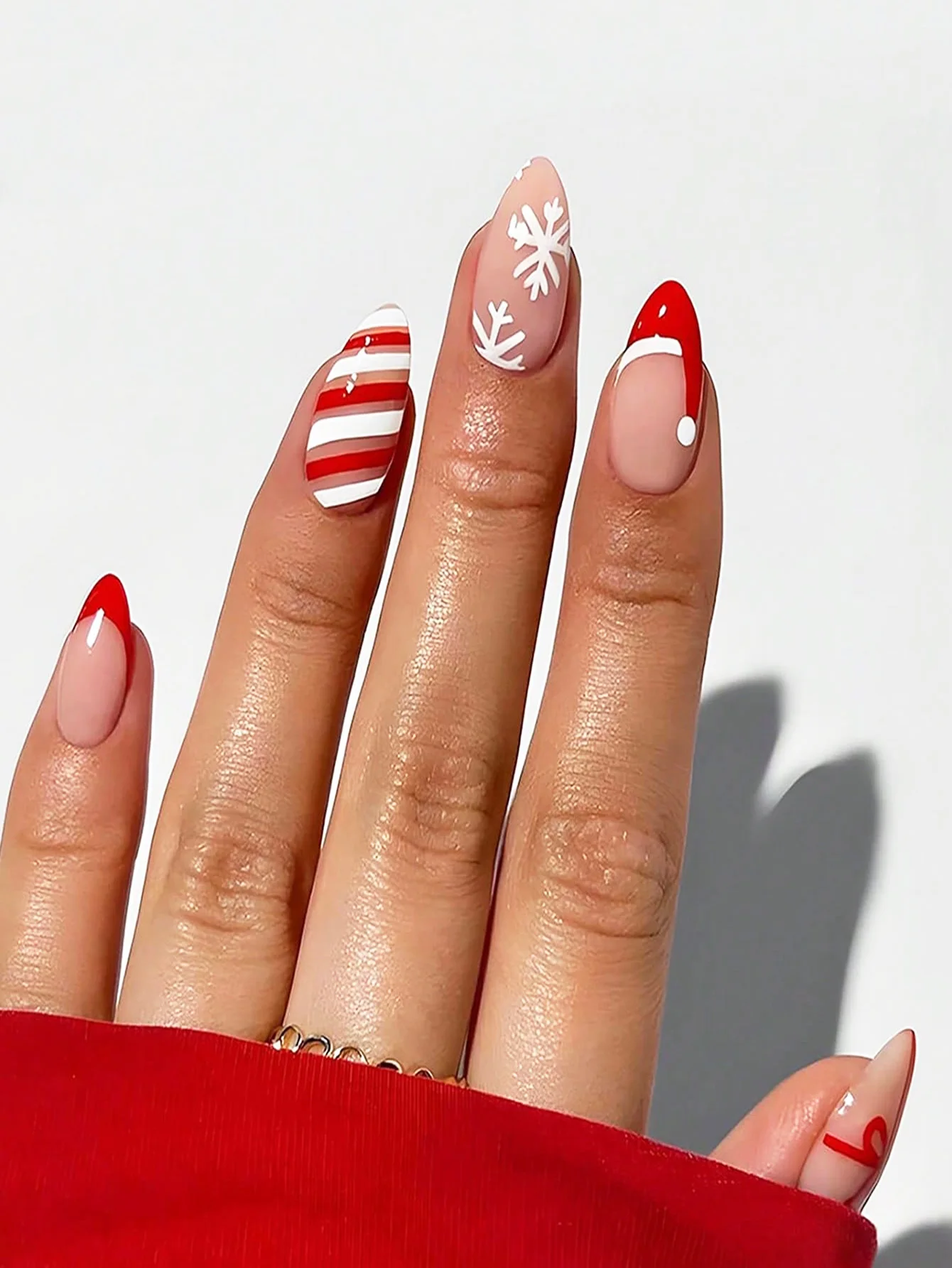 

Christmas Nails 24pcs Christmas Long Almond Fake Nails French Red Nails, White Snowflakes And Red Santa Hat Stripes Design All O