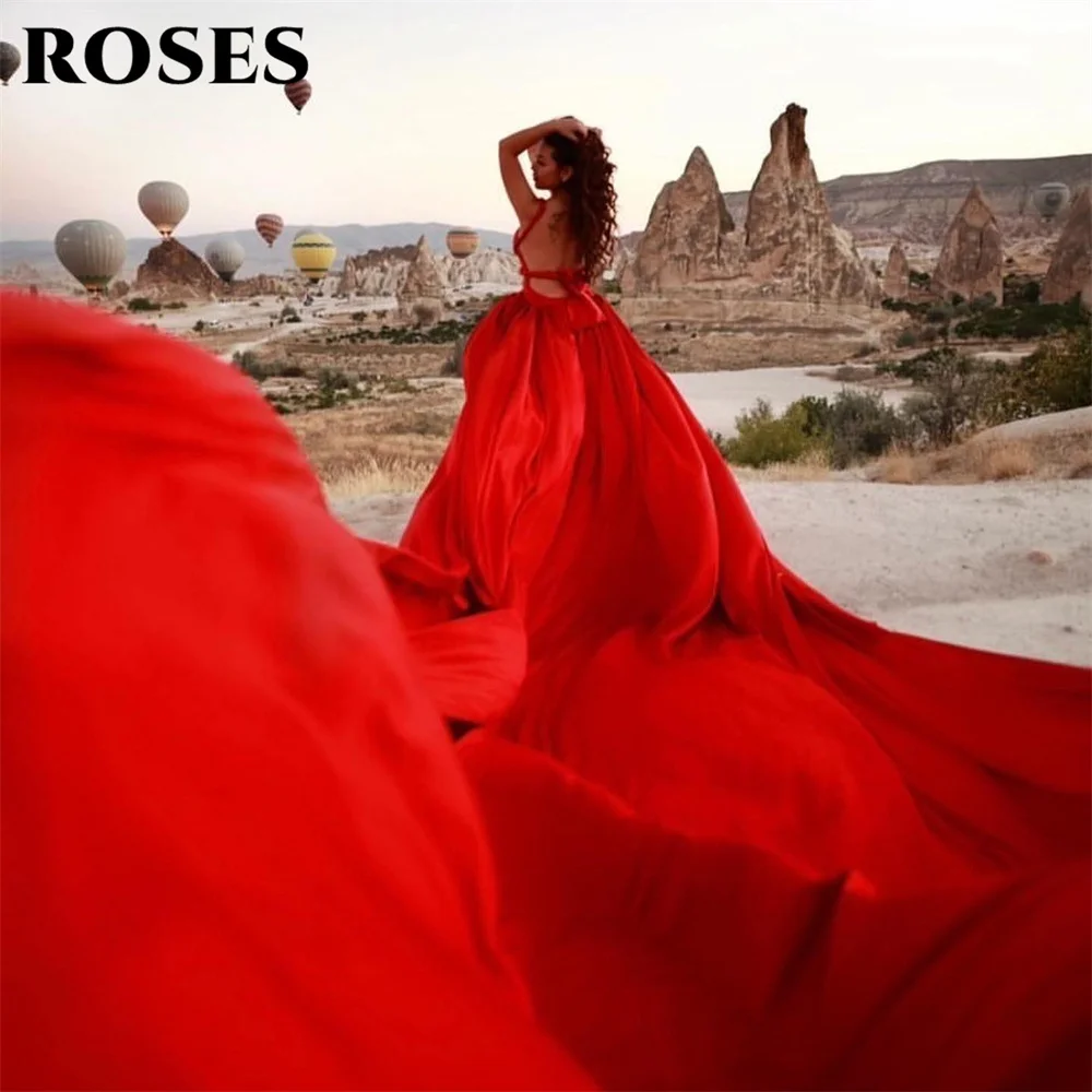 ROSES Elegant Sexy Red Prom Gown Soft Stain Celebrity Dresses with Long Train Special Occasion Dresses robes du soir Customized