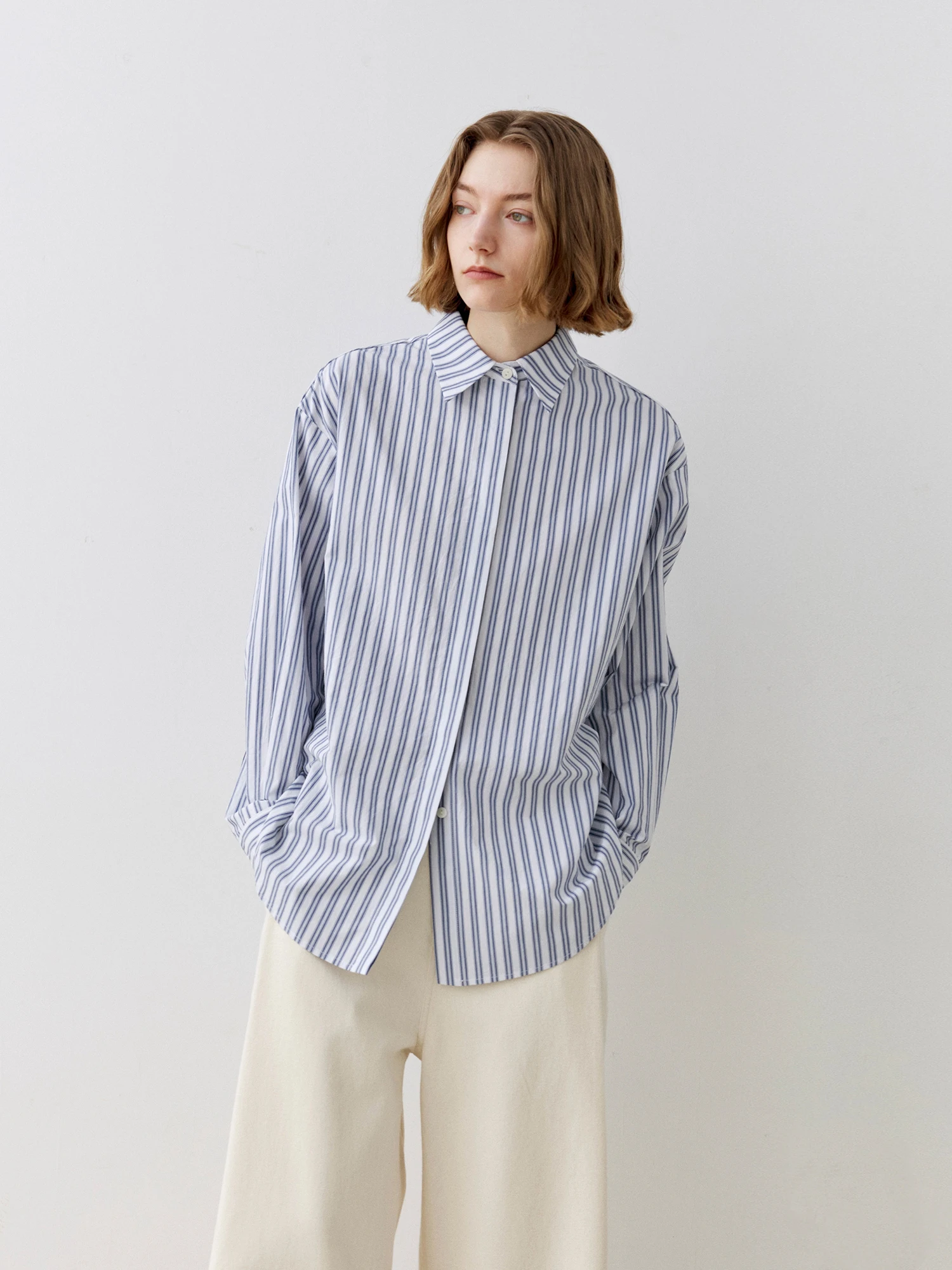 

Something Color Woven Cotton Blue White Stripes Ba k Button Simple irt Loose Fit Long Sve Breathable Skin-Friendly