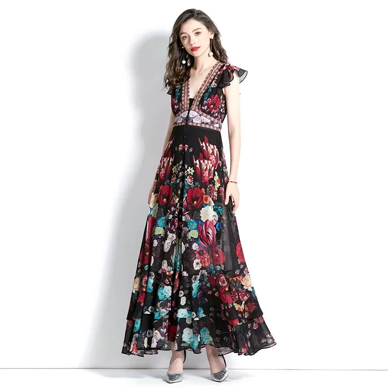 2024 moda pista lindo flor chiffon em cascata babados vestido feminino decote em v profundo manga longa floral impressão boho robe vestido