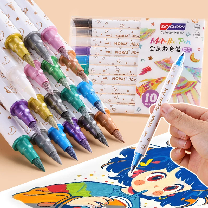 

Металлические Блестящие маркеры 10 шт., ручка с двумя кисточками и тонким наконечником для творчества, альбомов, скрапбукинга, крафтовые принадлежности, керамический камень, подарок на день рождения