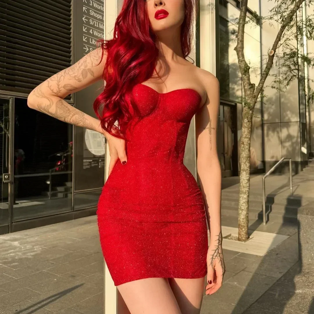 Mini robe rouge brillante, moulante, taille haute, mode femme, sans bretelles, sans manches, avec cordon de serrage au dos, nouvelle tenue de soirée, Club, 2025