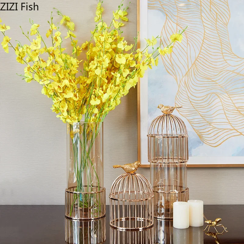 

Creativity Glass Vase Metal Golden Bird Candlestick Birdcage Flower Accessories Modern Home Decoration Desktop Crafts Vases